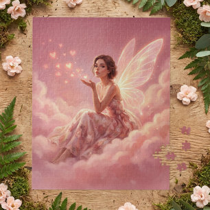 Valentine Fairy on Pink Clouds Fantasy Art Name Jigsaw Puzzle
