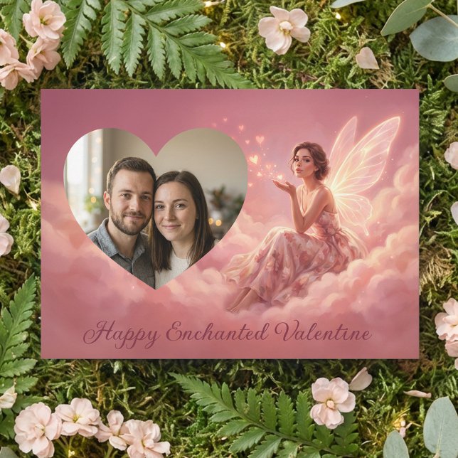 Valentine Fairy on Pink Clouds with Heart Photo Holiday Card (Creator Uploaded)