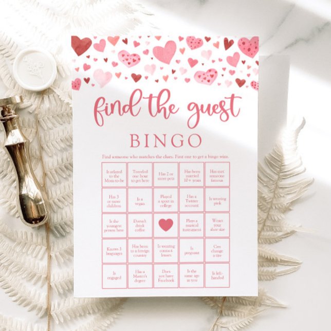 Valentine Find the Guest Bingo Baby Shower Game Invitation (Watercolor Pink Red Hearts Valentine A Little Sweetheart Girl Find the Guest Bingo Baby Shower Game)