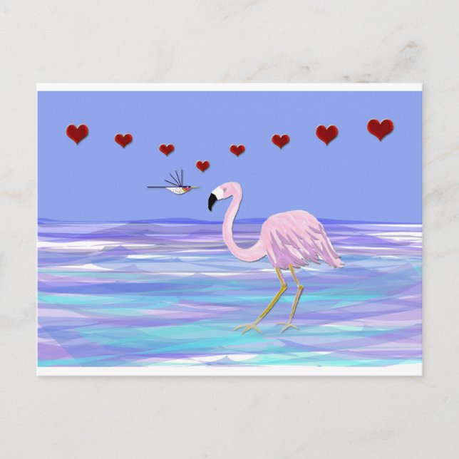 Valentine Flamingo Hummingbird Holiday Postcard (Front)