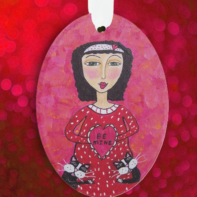 Valentine Folk Art Lady Heart Black Cats Love Ornament (Valentine Lady red dress two tuxedo cats red heart on pink red oval hanging ornament.)