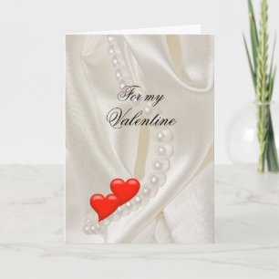 Valentine for wife Two Hearts and Pearls on satin Card