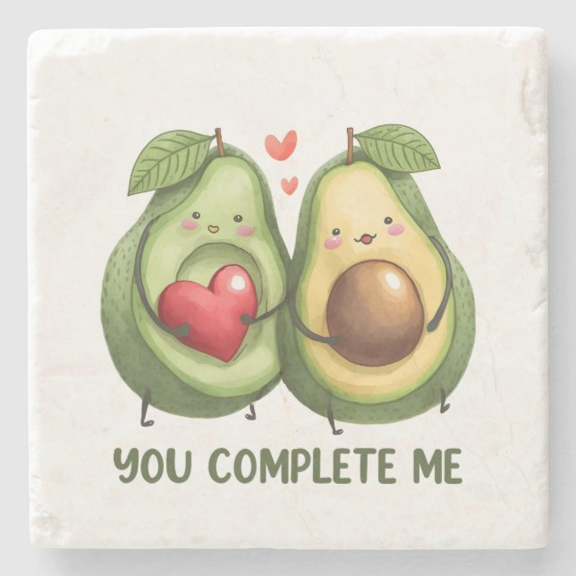 Valentine Gift Avocado You Complete Me Stone Coaster (Front)