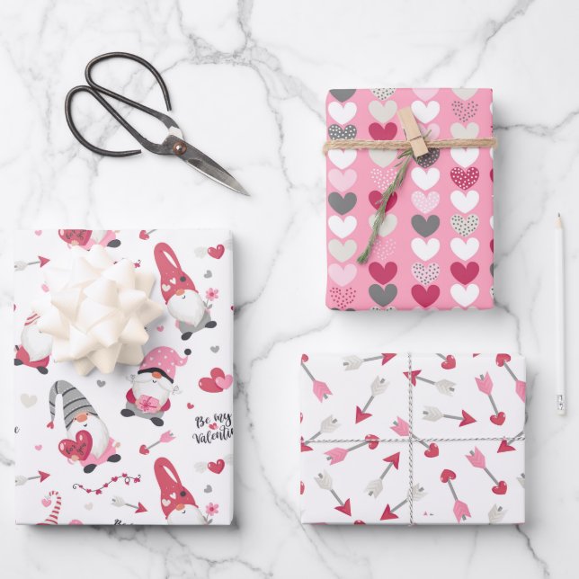 Valentine Gnome Heart Wrapping Paper Set of 3 (Front)