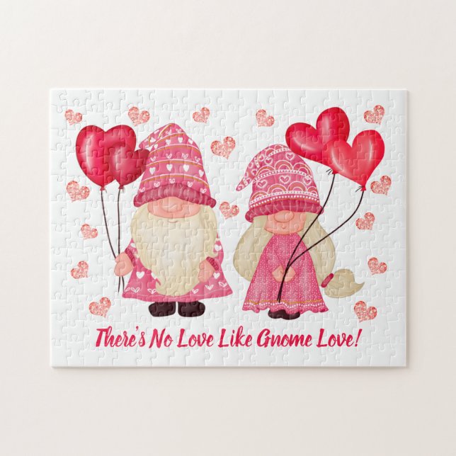 Valentine Gnome Love Quote Pink Red Hearts Couple Jigsaw Puzzle (Horizontal)