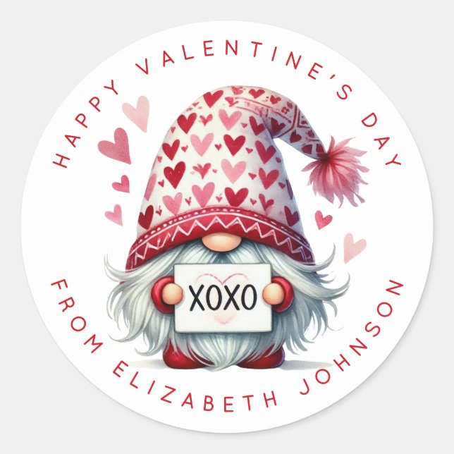 Valentine Gnome Personalised Name Round Stickers (Front)