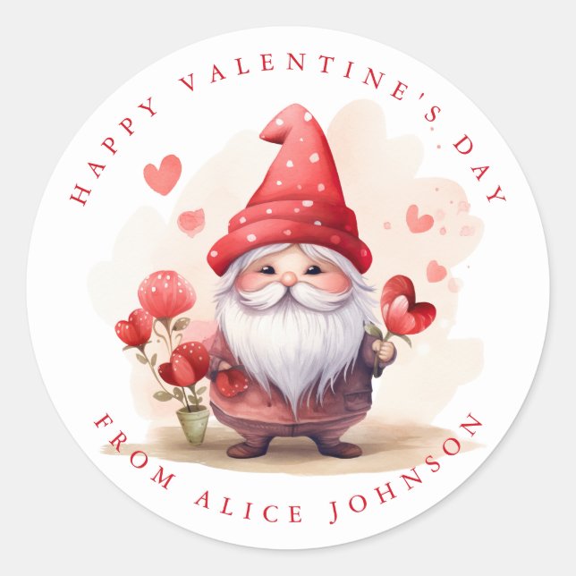 Valentine Gnome Personalised Name Round Stickers (Front)