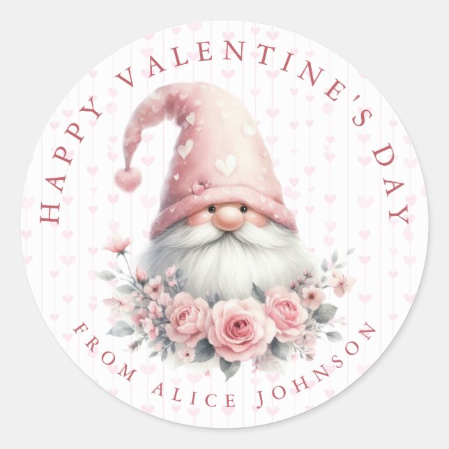 Valentine Gnome Personalised Name Round Stickers (Front)
