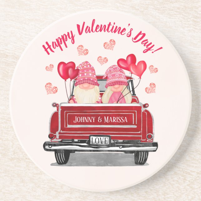 Valentine Gnome Vintage Red Truck Love Coaster (Front)