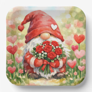 Valentine Gnome with Red Rose Bouquet Paper Plate