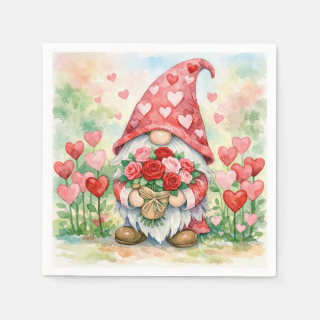 Valentine Gnome with Red Roses Napkin (Front)