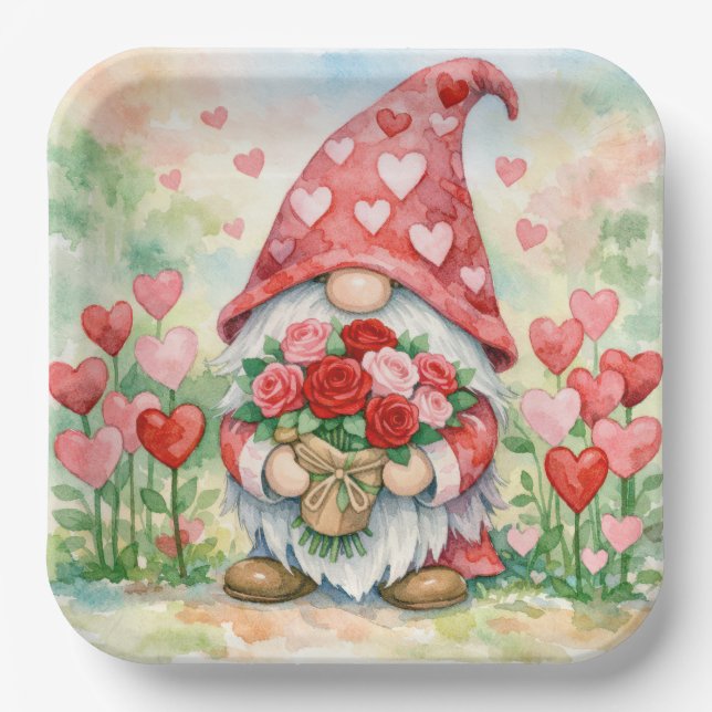 Valentine Gnome with Red Roses Paper Plate (Front)