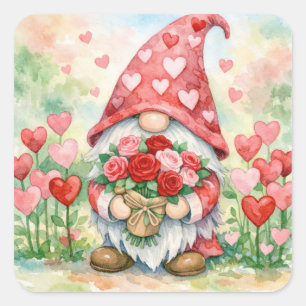 Valentine Gnome with Red Roses Square Sticker