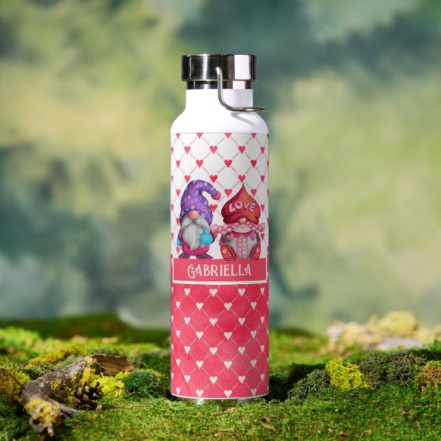 Valentine Gnomes and Heart Patterns Personalised Water Bottle (Outdoor)