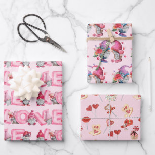 Valentine Gnomes in Love Set of 3 Designs Wrapping Paper Sheet