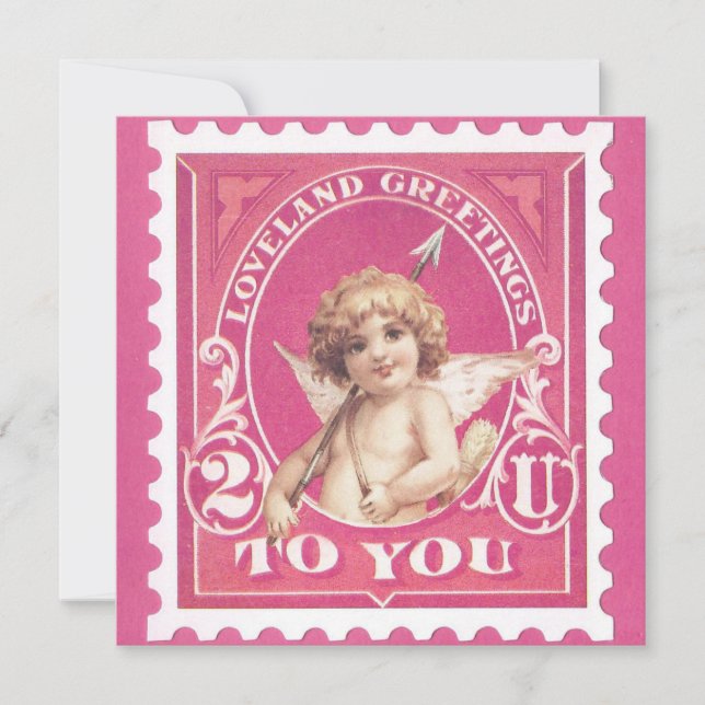 Valentine Greetings Cupid Red Stamp Valentines Day Holiday Card (Front)