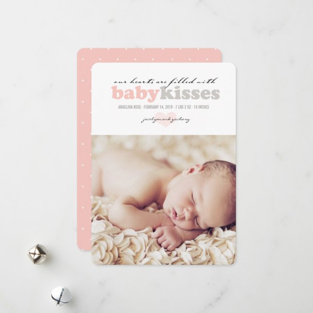 Valentine Heart Baby Girl Birth Announcement Card (Front/Back In Situ)