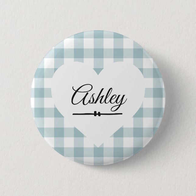 Valentine Heart Blue Gingham Name Monogram 6 Cm Round Badge (Front)