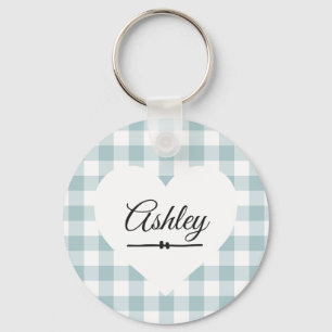 Valentine Heart Blue Gingham Name Monogram Key Ring