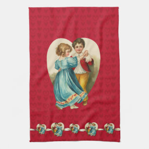 Valentine Heart Boy and Girl Dancing Tea Towel