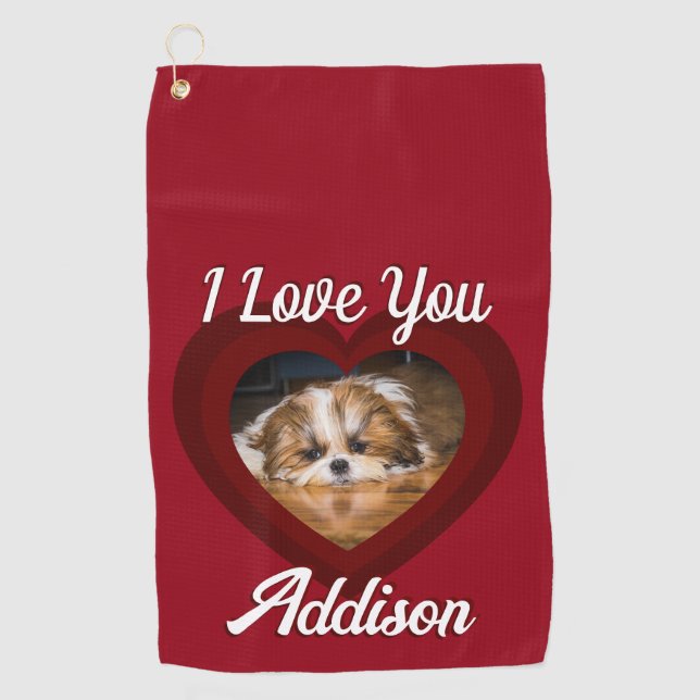 Valentine heart dog love Custom photo name on red Golf Towel (Front)