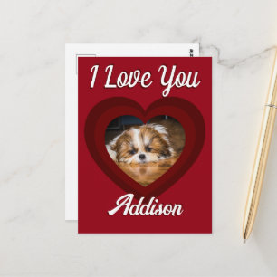 Valentine heart dog love Custom photo name on red Postcard