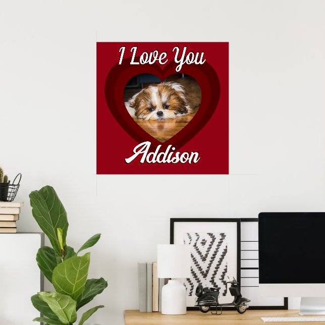 Valentine heart dog love Custom photo name on red Poster (Home Office)