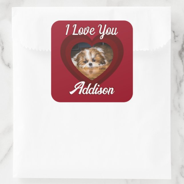 Valentine heart dog love Custom photo name on red Square Sticker (Bag)