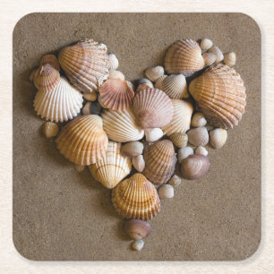 Valentine Heart Made with Shells Square Paper Coaster