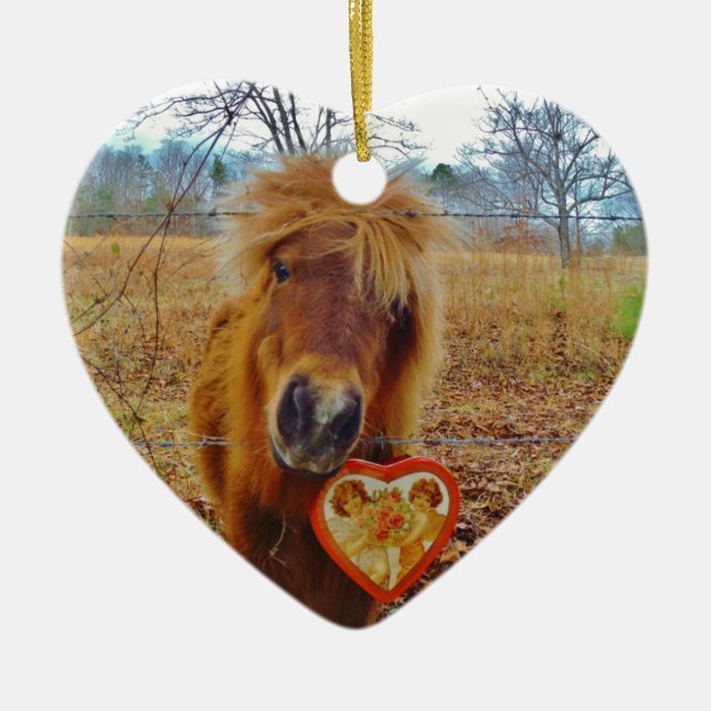 Valentine Heart  Miniature brown Horse Ceramic Tree Decoration (Front)