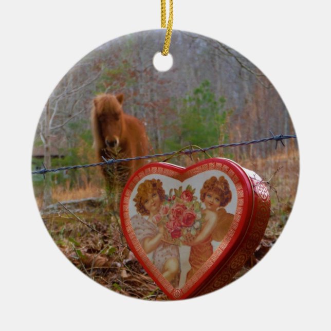 Valentine Heart  Miniature brown Horse Ceramic Tree Decoration (Front)