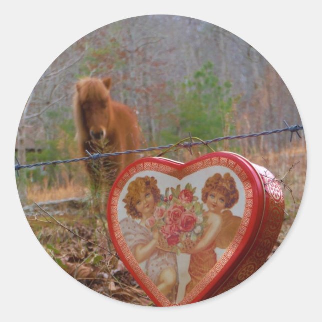 Valentine Heart  Miniature brown Horse Classic Round Sticker (Front)