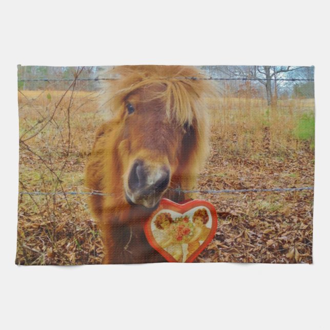 Valentine Heart  Miniature brown Horse Tea Towel (Horizontal)