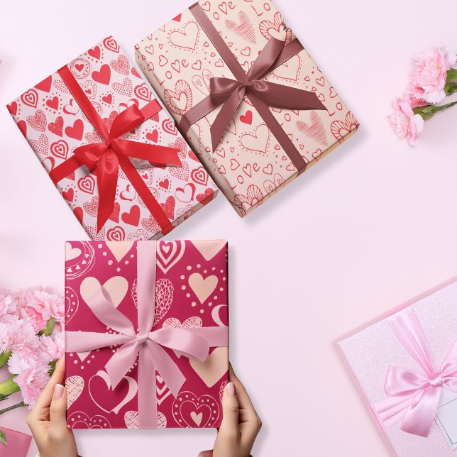 Valentine Heart Pattern Red Pink  Wrapping Paper Sheet (Valentine sweet hearts in pink set of 3 wrapping paper sheet)