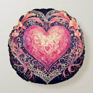 Valentine Heart Pink Love Flowers Ornaments Round Cushion