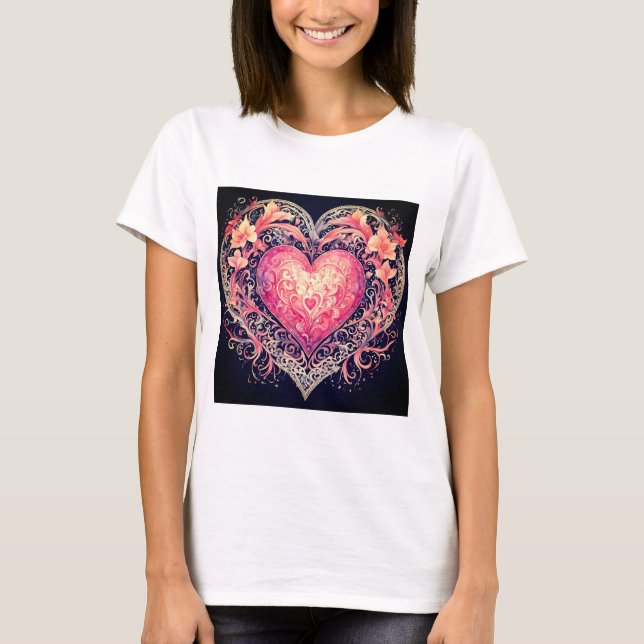 Valentine Heart Pink Love Flowers Ornaments  T-Shirt (Front)