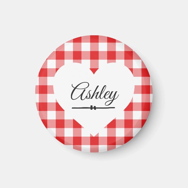 Valentine Heart Red Gingham Name Monogram Magnet (Front)