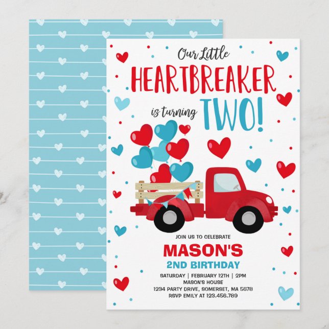 Valentine Heartbreaker 2nd Birthday Red Blue Truck Invitation (Front/Back)