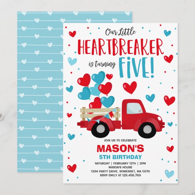 Valentine Heartbreaker 5th Birthday Red Blue Truck Invitation (Front/Back)