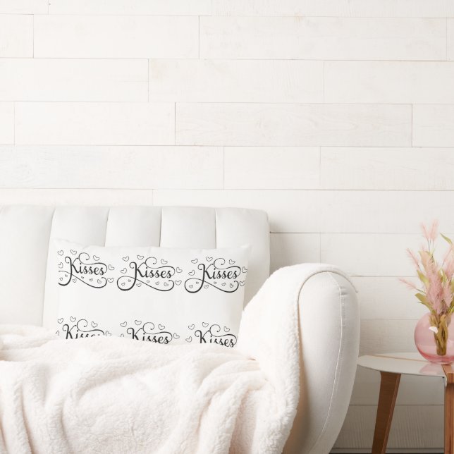 Valentine Hearts and Kisses Black on White Lumbar Cushion (Couch)