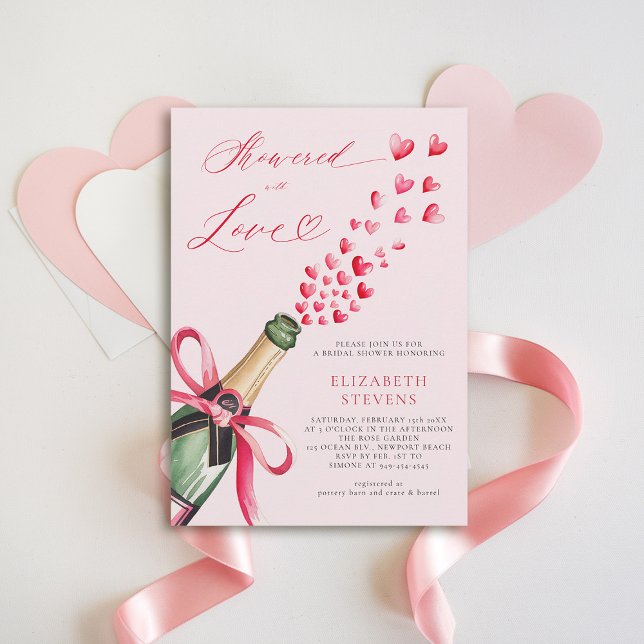 Valentine Hearts Bubbly Brunch Pink Bridal Shower Invitation (valentine bridal shower invitation watercolor bubbly hearts bottle showered with love elegant)