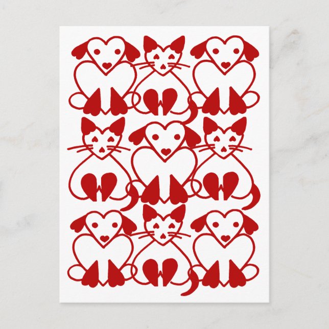 Valentine Hearts Cats & Dogs Pink Red Pet Postcard (Front)
