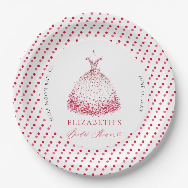 Valentine Hearts Dress Bow Elegant Bridal Shower Paper Plate (Front)