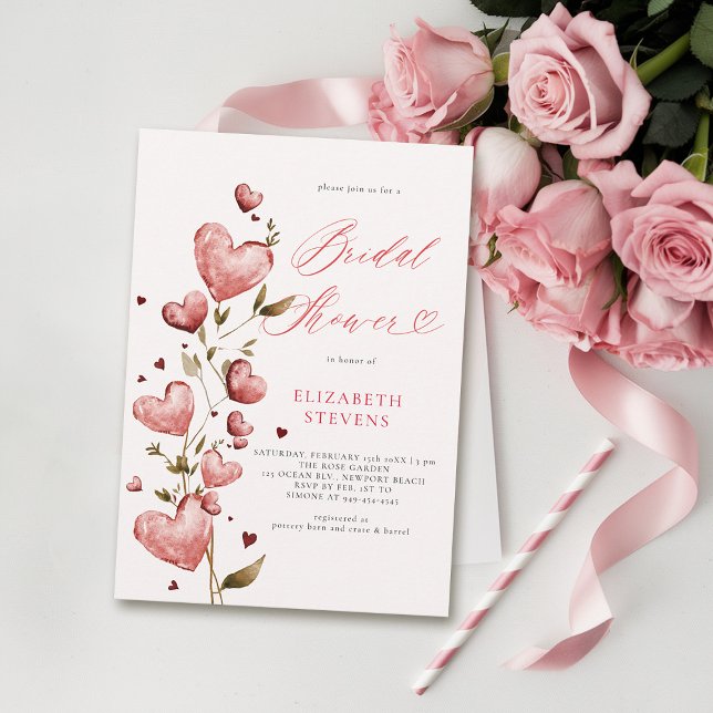 Valentine Hearts Love Garden Pink Bridal Shower Invitation (valentine bridal shower invitations whimsical hearts watercolor elegant love garden party pink)