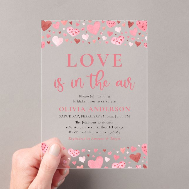 Valentine Hearts Love is in the Air Bridal Shower Acrylic Invitations (Insitu (Handheld))