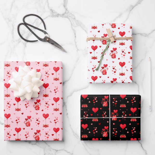 Valentine Hearts on Pink, White and Black Wrapping Paper Sheet (Front)