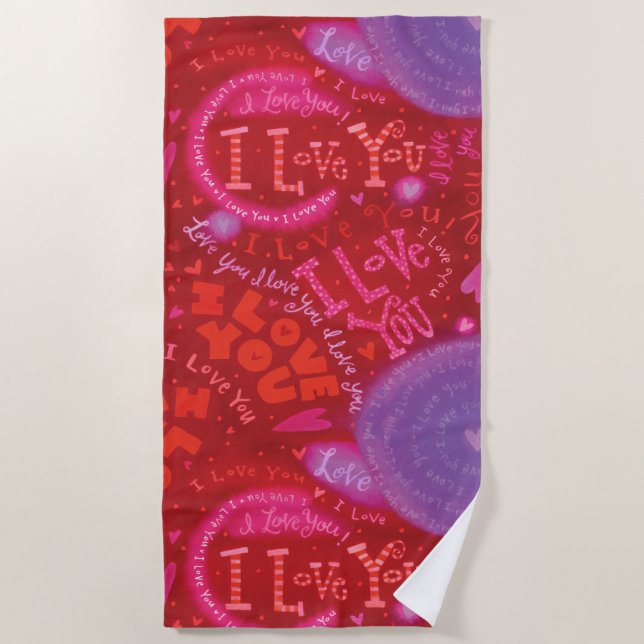 Valentine Hearts Pink Red I Love You Typography Beach Towel (Front)