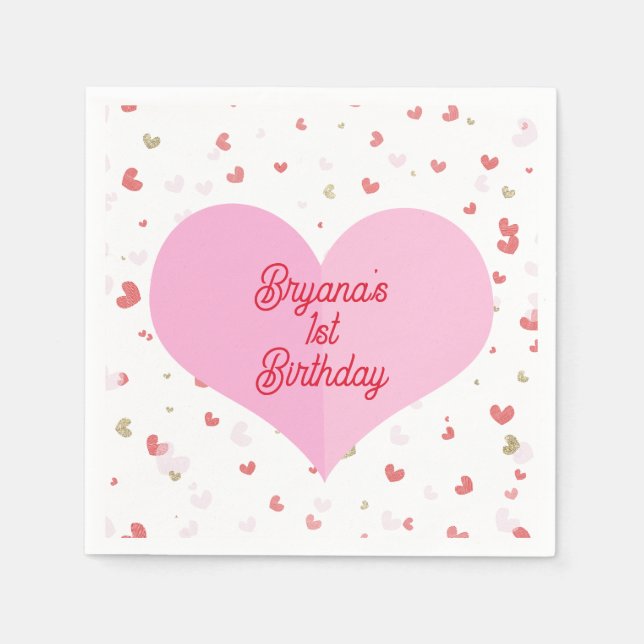 Valentine Hearts Red Pink & Gold Party Napkin (Front)