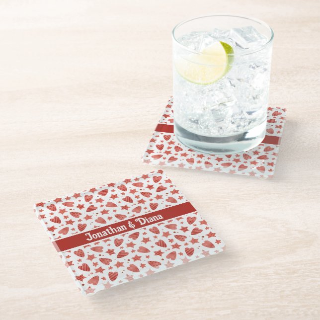 Valentine Hearts & Stars Pattern Glass Coaster  (Angled)