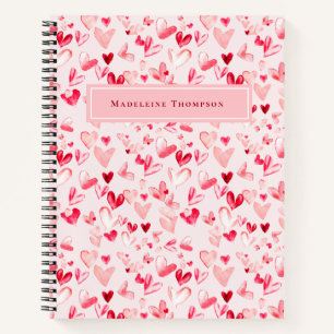 Valentine Hearts Whimsical Watercolor Pink Red Notebook